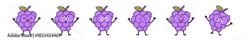 Set of Cute Pixel Grapes with Cartoon Faces and Emotions on White Background
