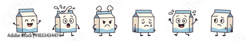 Milk Carton Character Set Expressing Different Emotions on White Background