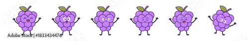 Set of Animated Grapes Exhibiting Various Emotions on White Background
