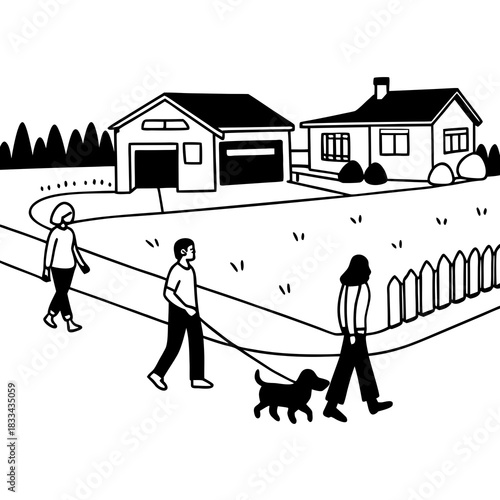 “Minimal vector of people walking dogs in a suburban area.”