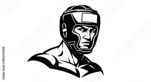 Determined Boxer in Protective Headgear Ready for the Fight.