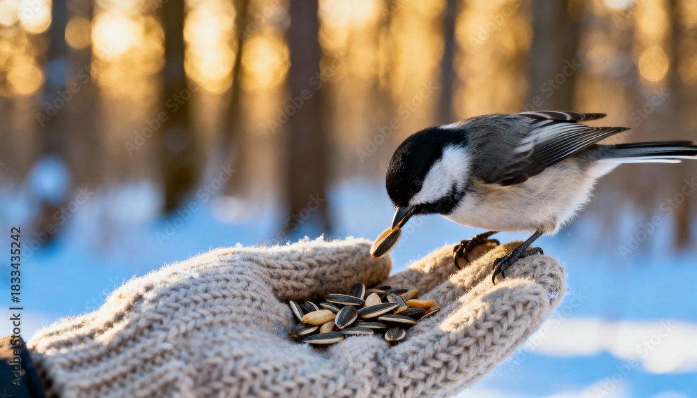 Obraz premium chickadee bird eating sunflower seeds from gloved hand in snowy forest during sunset