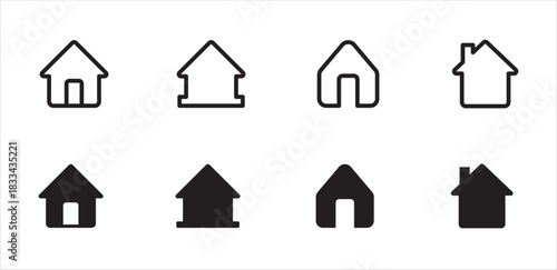 Home page icon set. Home button collection for website and apps. Website home button. Main menu page symbol. Flat solid and thin line design. Vector stock illustration.