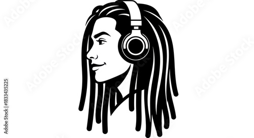 Woman with dreadlocks and headphones listening to music in profile view.