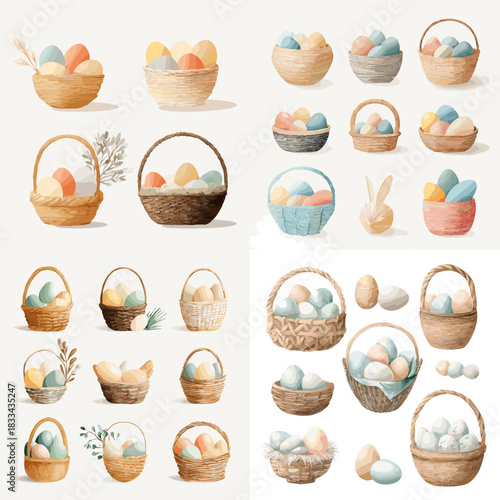 Delicate watercolor illustration of Easter baskets filled with pastel eggs and natural elements. Perfect for spring themes, holiday decor, greeting cards, and festive seasonal artwork.