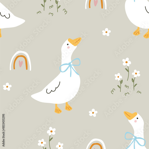 Seamless pattern with cute goose and rainbow. Vector illustration for printing. Cute baby background for girls.