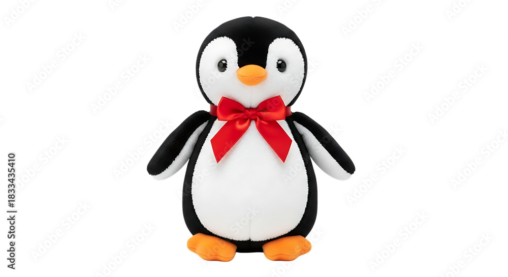 Obraz premium Adorable plush penguin toy wearing a red bow tie on a black background Keywords: penguin, plush toy, stuffed animal, black and white, red bow tie, cute