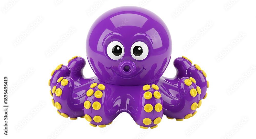 Fototapeta premium Adorable Purple Octopus Toy with Yellow Suction Cups on Black Background graphic design