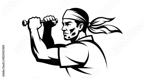 Strong Male Worker with Bandana Holding Chisel Ready to Carve.