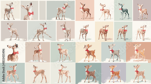 Charming illustration set of playful deer wearing red bows in soft pastel backgrounds. Ideal for holiday themes, nursery decor, winter cards, storytelling art, and cute character designs.
