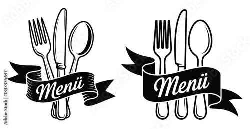 Logo restaurant meal menu fork, knife and spoons, Vintage hand drawn restaurant menu icons featuring cutlery tied with ribbon, Design elements for logo, label, emblem, sign, badge. Vector illustration
