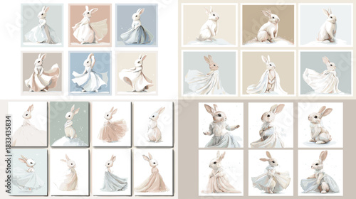 Graceful watercolor illustration of elegant bunnies in soft pastel dresses and gentle poses. Perfect for nursery themes, children decor, storytelling art, and delicate character design.