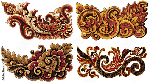 Detailed ornamental decorative illustration inspired by traditional floral carvings with rich red, gold, and brown tones. Ideal for cultural art, patterns, craft design, and elegant decor elements.