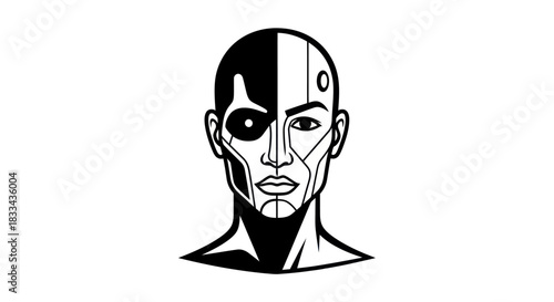 Black and white vector illustration of a cyborg head.