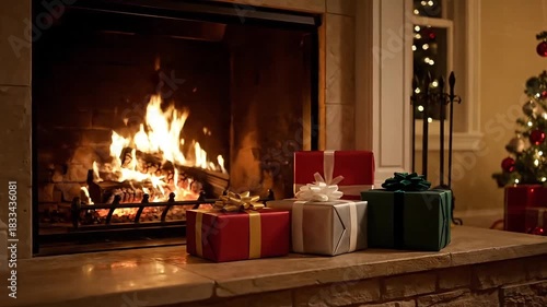 Cozy Christmas scene with presents by a warm fireplace