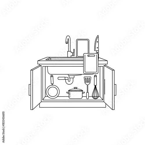 Sink with cabinets showing kitchen fittings to cook food icon flat vector design.