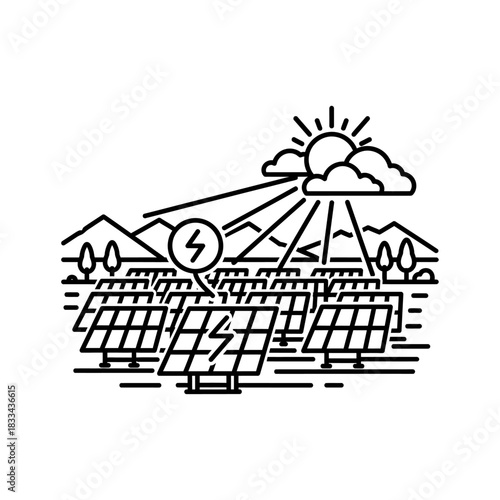 Solar power plant with solar panel sun and electric icon flat vector design.