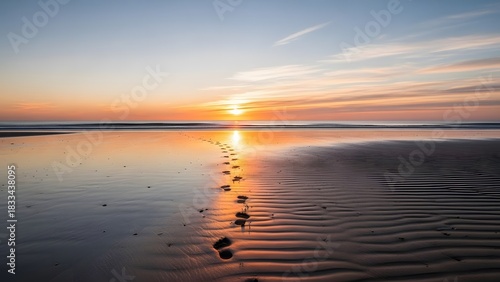 Fototapeta Naklejka Na Ścianę i Meble -  Sandy coastline with footprints leading to the sea