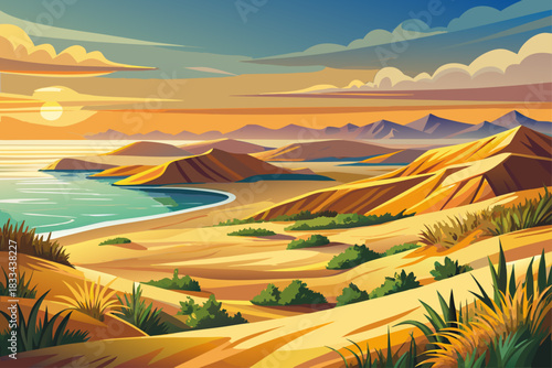 A panoramic view of the extensive sand dune system along the beach at sunrise, warm golden light, peaceful coastal scenery, natural textures and peaceful surroundings.