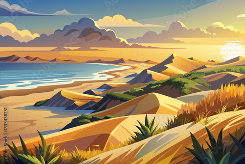 A panoramic view of the extensive sand dune system along the beach at sunrise, warm golden light, peaceful coastal scenery, natural textures and peaceful surroundings.