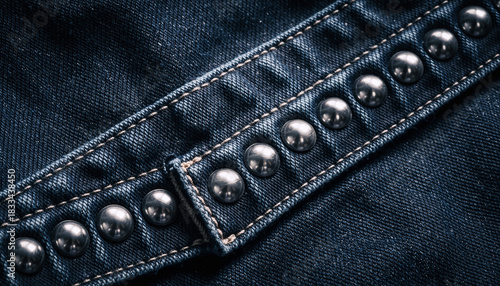Macro texture of denim fabric with metallic studs and detailed stitching