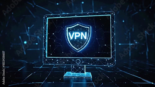 Futuristic abstract visualization of a computer monitor displaying a shield with VPN, symbolizing secure internet access, data privacy, and cyber defense.