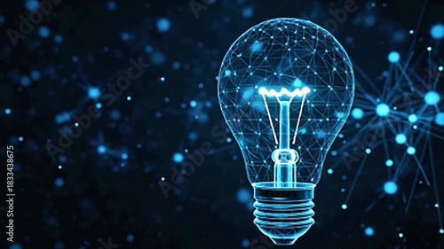 A wireframe lightbulb with glowing filament and intricate network patterns, set against a dark background with blue digital dots.