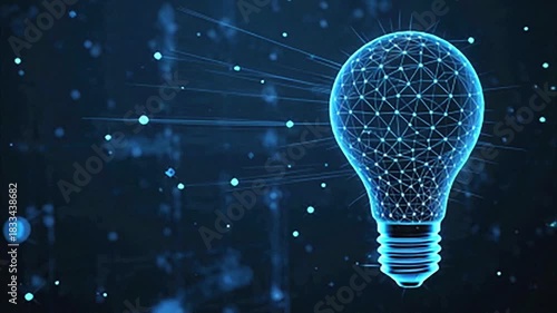 Illuminated conceptual lightbulb constructed from luminous digital network points and lines, representing innovation, creativity, and modern ideas in cyberspace.