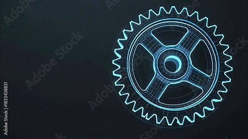 A futuristic, illuminated 3D wireframe model of a single gear, rendered in vibrant blue light. Its detailed mechanical structure suggests precision engineering and innovation.