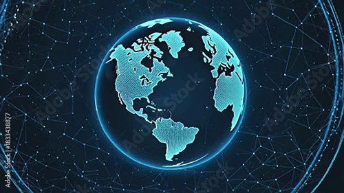 Abstract 3D render of a futuristic earth with glowing blue continents, surrounded by a complex digital network of lines and dots symbolizing global data flow.