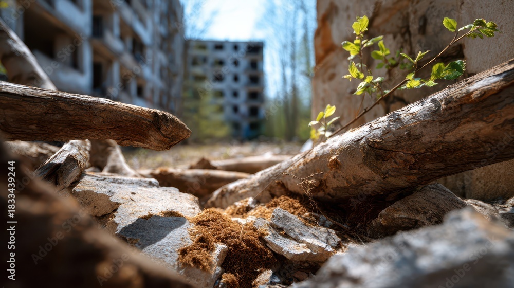 Obraz premium Close-up view of broken concrete and tree debris in a devastated urban area, with blurred abandoned buildings in the background and small green plants emerging through the rubble after a drone attack.