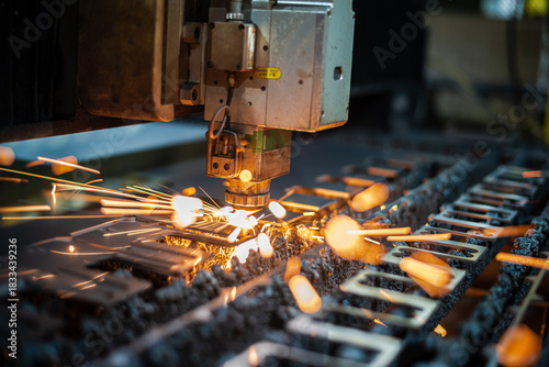 Laser cutting process with digital software control. The laser cutter head cuts through a sheet of metal, sending sparks. High quality photo