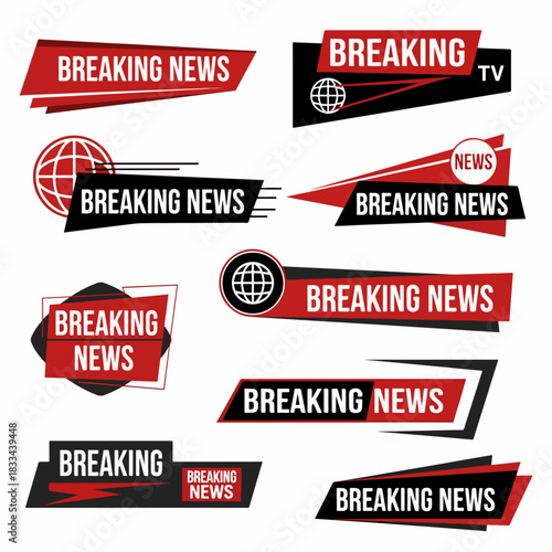 A set of Breaking News Bar Lower Third in Red, white and black color News screen for TV reporter