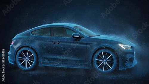 A dark blue, luxury sports car exterior detailed with frost and ice, set against a dark, atmospheric background with scattered particles suggesting snow.