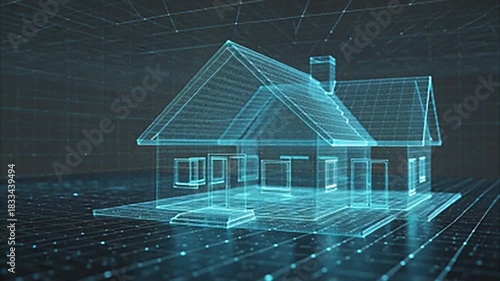 A wireframe 3D model of a house rendered in blue neon light, showcasing architectural plans, construction, and innovative building technology.