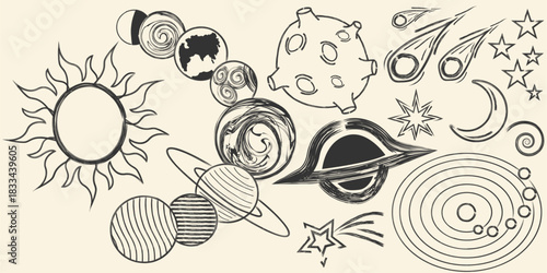 Set of hand drawn Astronomy outline designs as design elements doodle vector illustration