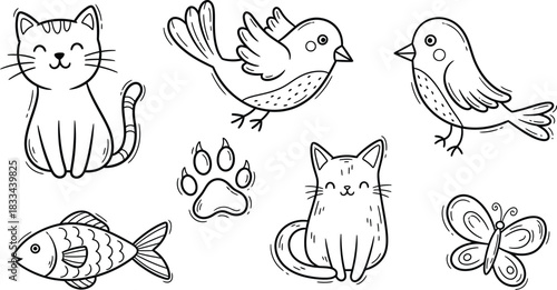 Cute animal doodles, cat, bird, fish, paw print, butterfly, vector hand-drawn outline