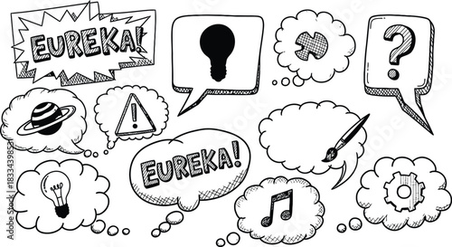 Creative thought bubble doodles, rectangular and circular speech clouds, comic sketch vector