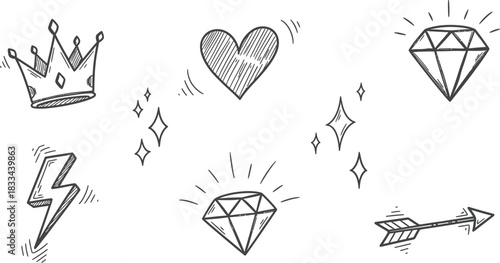 Cute doodle icons with crowns, hearts, diamonds, lightning bolts, arrows, and sparkles, black ink sketch style