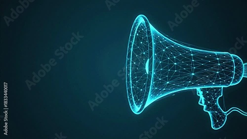 Futuristic digital megaphone, rendered in glowing blue light with intricate network connections, symbolizes modern communication and broadcasting.