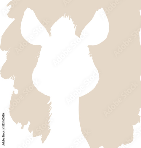A stylized silhouette of a fluffy, long-furred animal with upright ears appears against a soft beige textured background.
