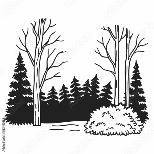 “Silhouette forest edge with bushes and medium-sized trees.”