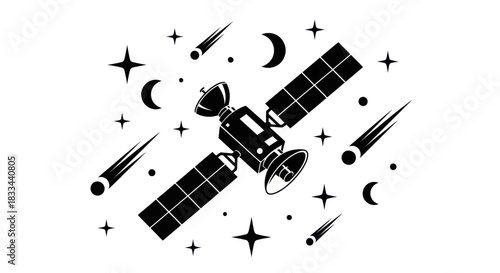 Monochrome Satellite Illustration: Space Technology and Communication.