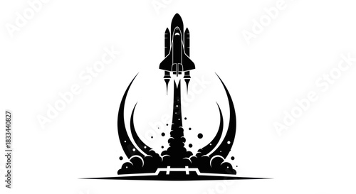 Rocket ship launching into space with powerful engine and flames.