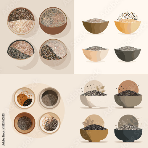 Minimal earthy illustrations of grains and seeds displayed in bowls with natural tones. Organic food themed artwork perfect for packaging branding menus healthy lifestyle designs and decor.