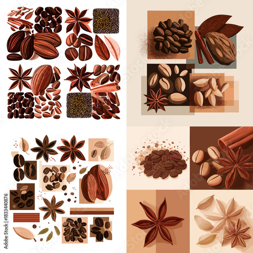 Rich illustration set of coffee beans spices and aromatic ingredients including cocoa pods star anise and cinnamon. Warm earthy artwork ideal for food packaging menus and cafe branding.
