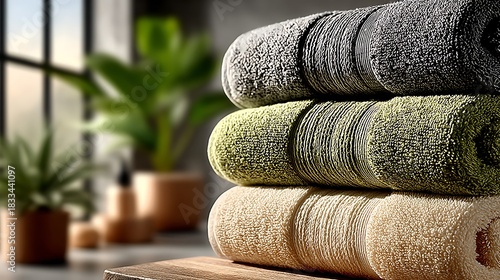 Organic bamboo towels stacked in warm lighting high resolution picture