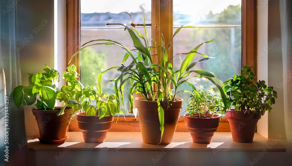 Fototapeta premium potted plants on a sunny windowsill