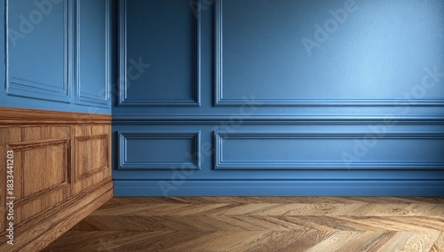 Blue paneled wall & wood floor, room corner interior