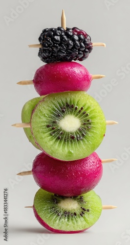 Fruit stack skewer kiwi, radish, and blackberry